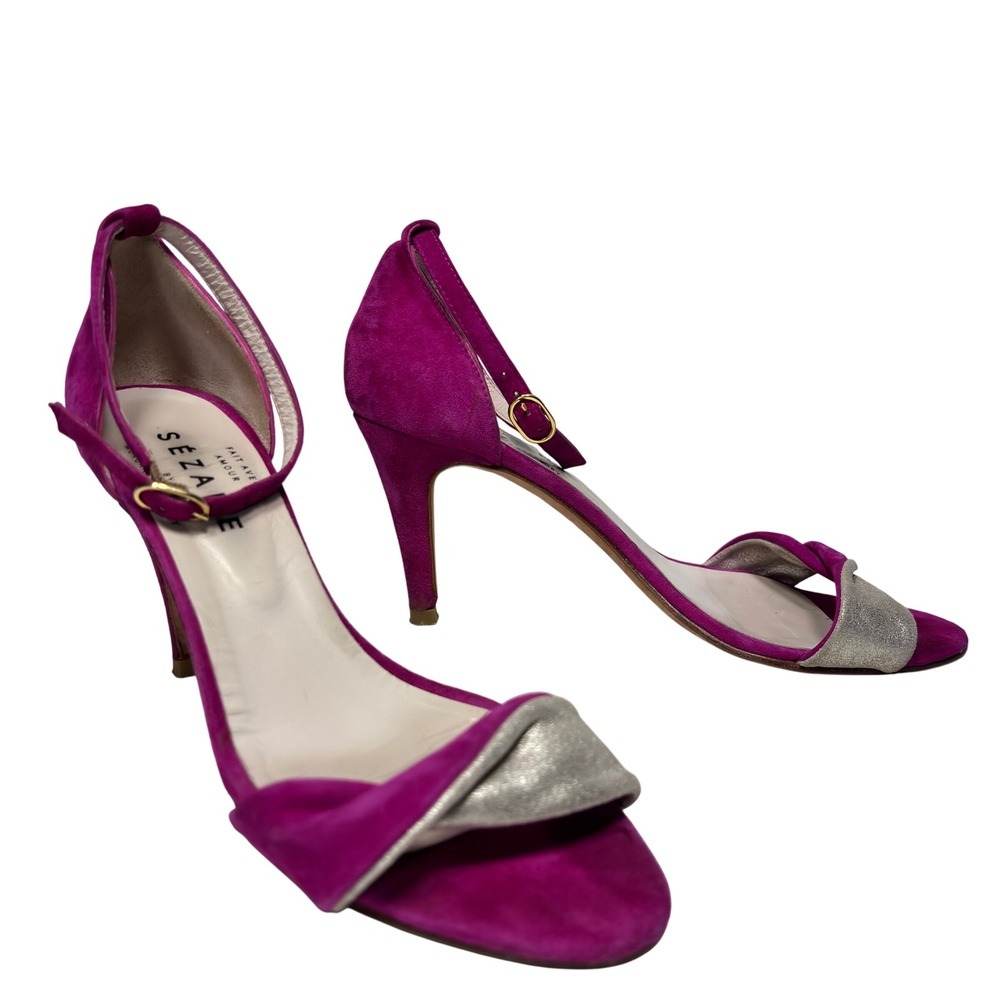 Sezane Women's Ankle Strap Heels Suede Leather Pink & Silver Party Shoes Size 37